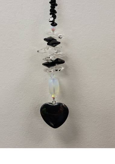 Hematite Heart with Opalite and Black Tourmaline Suncatcher